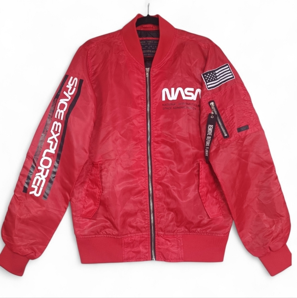 Bleecker & Mercer Men's Retro 90βs NASA Spaceβ Explorer Red MA-1 Bomber Jacket S